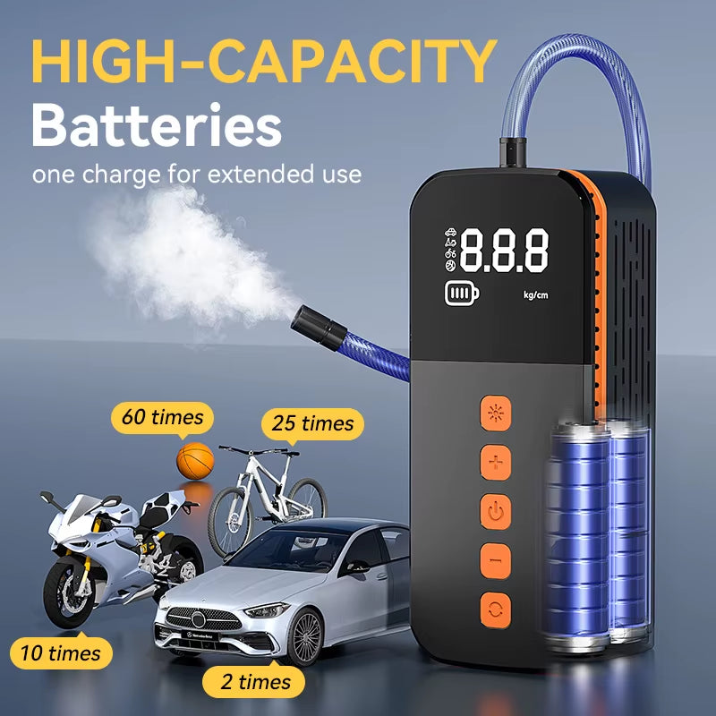 Portable Air Compressor - 150PSI, 1-min fast inflation with tire gauge & LED light. For cars, motorcycles, bikes and balls