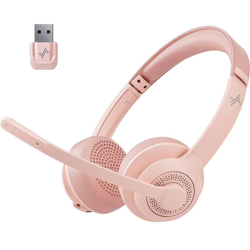 JIAMQISHI EH02P Wireless Headset with AI Noise Cancelling Microphone Headphones Bluetooth V5.2 with USB Dongle,Charging Base