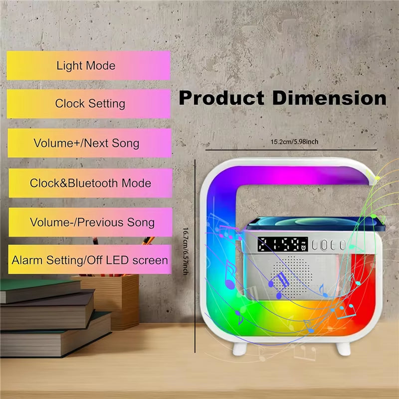 RGB Light All in One Wireless Charger Station Bluetooth Speaker TF FM With Alarm Clock For iPhone Samsung Xiaomi Fast Charging