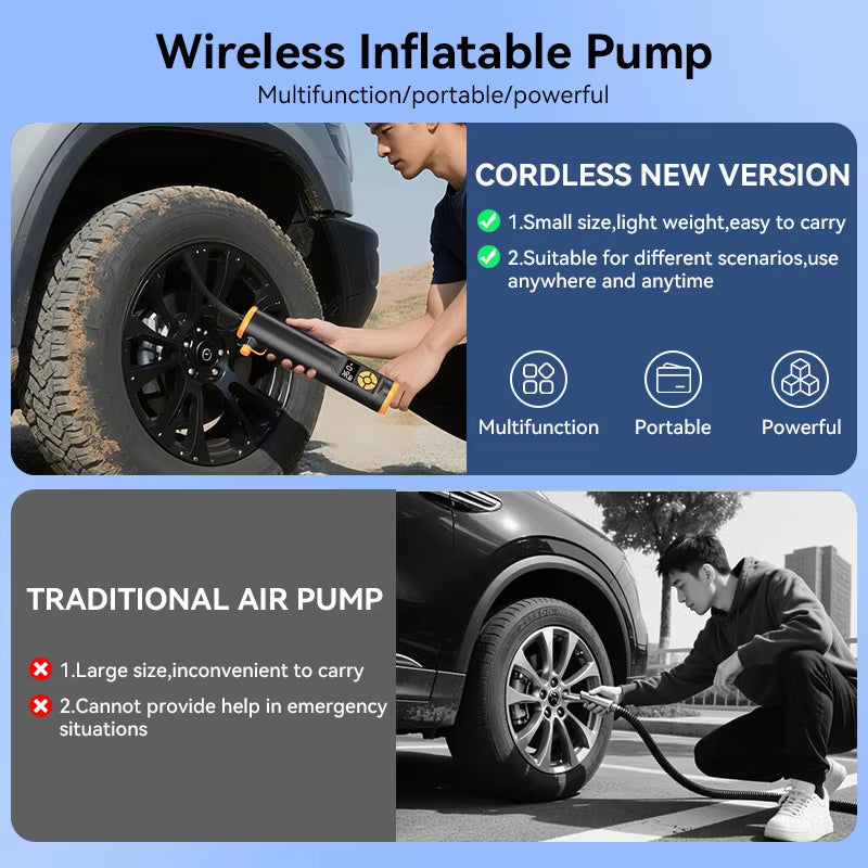 Portable Tire Air Compressor 150 PSI Cordless Bike Pump for Car Motorcycle Bicycle with Pressure Gauge LED Light and Car Accesso