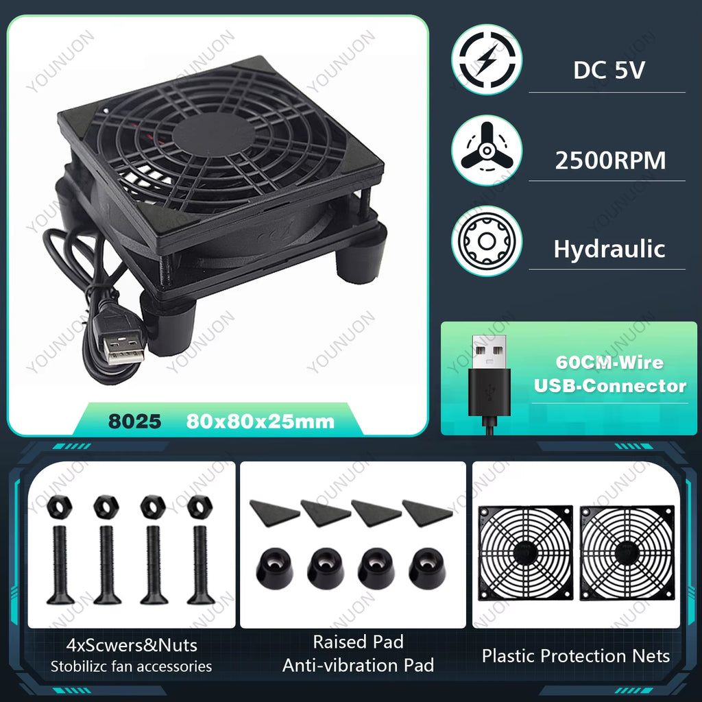 5V USB Router Fan 80mm 92mm 120mm 140mm DIY TV Box Ball/Sleeve Cooler & Protective Net Desktop Cooling Fan