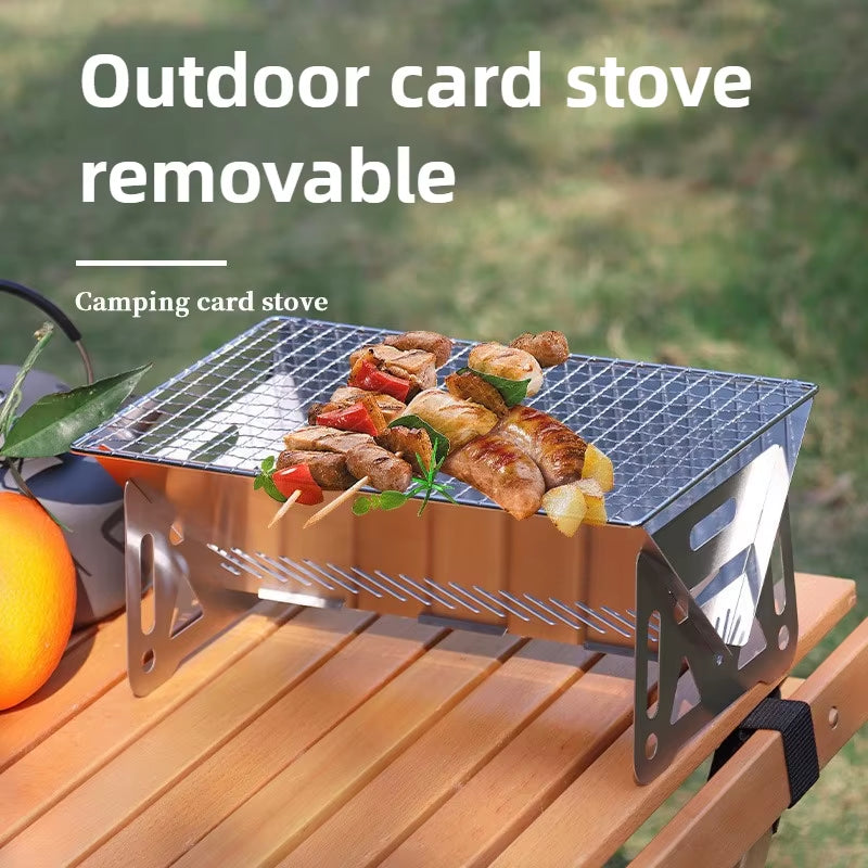 Mini Barbecue Grill Picnic Charcoal Camping Tools Outdoor Folding Card-type Stainless Steel Portable Small Charcoal Stove Burner