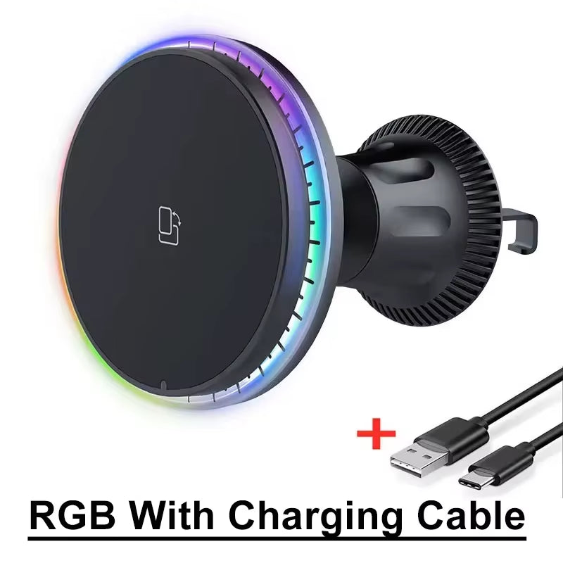 30W Magnetic Car Wireless Chargers RGB LED Light For iPhone 12 13 14 15 Pro Max Phone Holder Stand Mount Fast Charging Station
