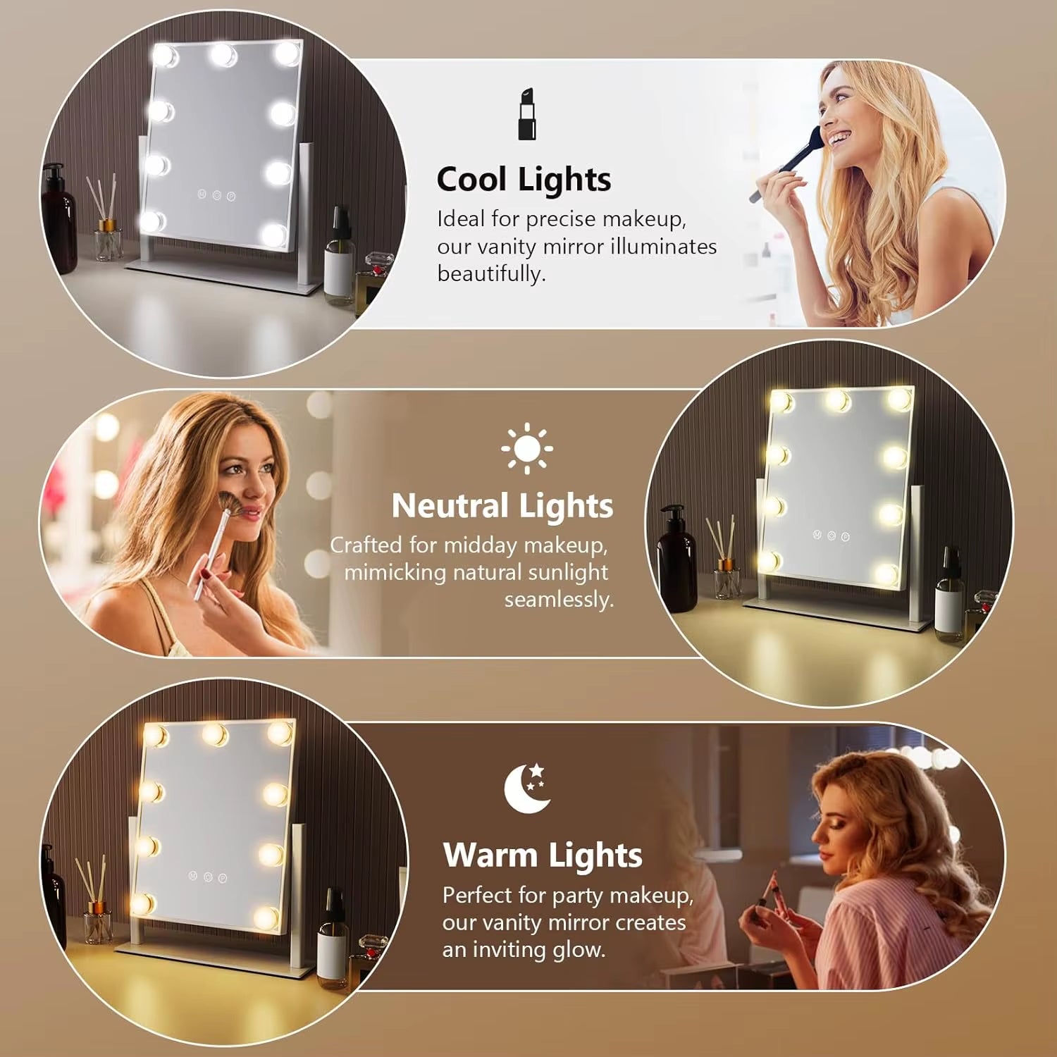 Vanity Mirror with Lights Hollywood Makeup Mirror with 9 LED Bulbs 3 Color Lighting 360°Rotation for Dressing Room & Bedroom