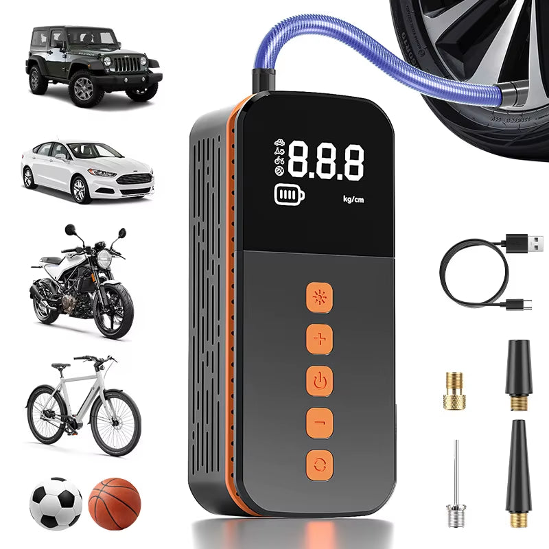 Portable Air Compressor - 150PSI, 1-min fast inflation with tire gauge & LED light. For cars, motorcycles, bikes and balls