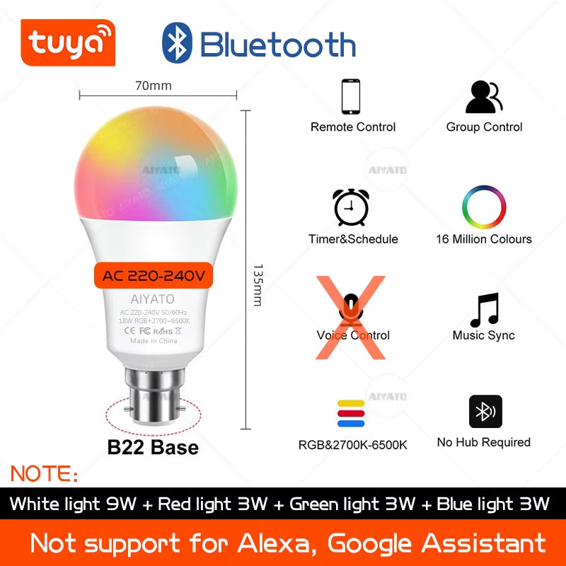 B22 Base UK TUYA Wifi Smart Bulb Bluetooth lamps Led RGB Smart Light 220V Alexa Google Assisatnt Voice Control Timing APP Group