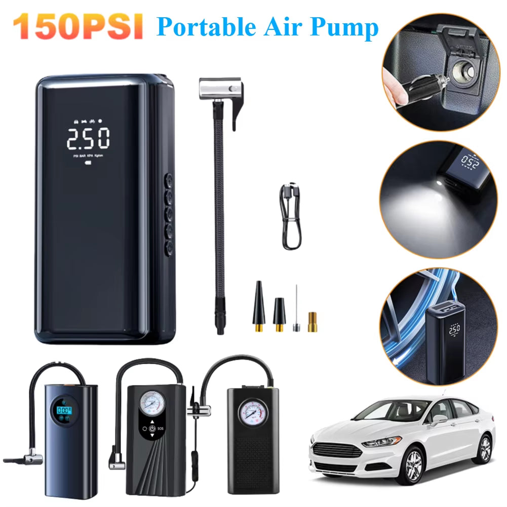 Car Tyre Inflator Rechargeable Quick Inflating Electric Tire Pump with Digital Pressure Gauge 1500mAh for Motorbike Auto Bicycle