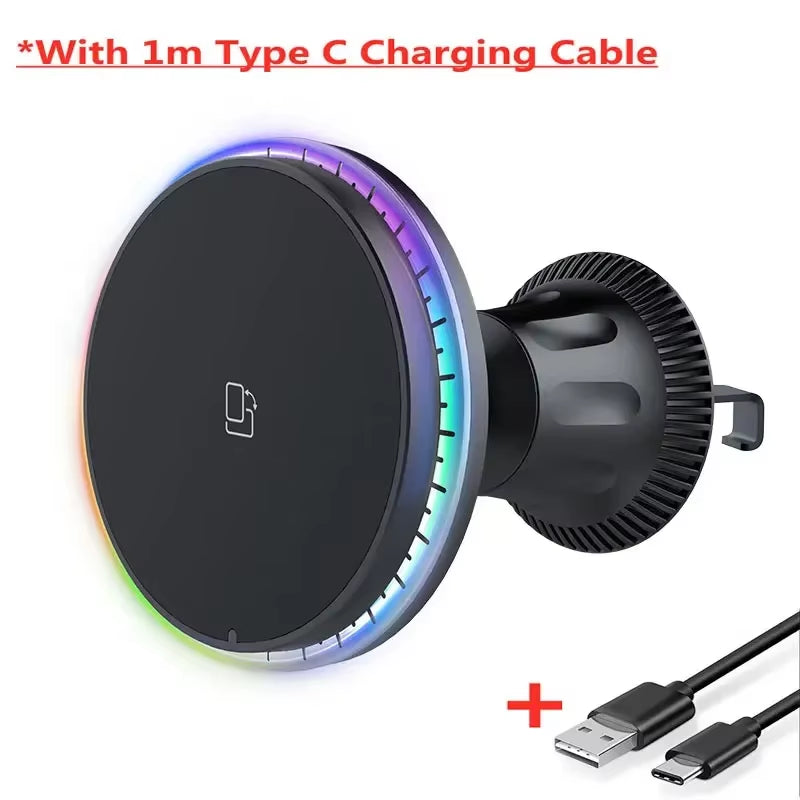 30W Magnetic Car Wireless Chargers RGB LED Light For iPhone 12 13 14 15 Pro Max Phone Holder Stand Mount Fast Charging Station
