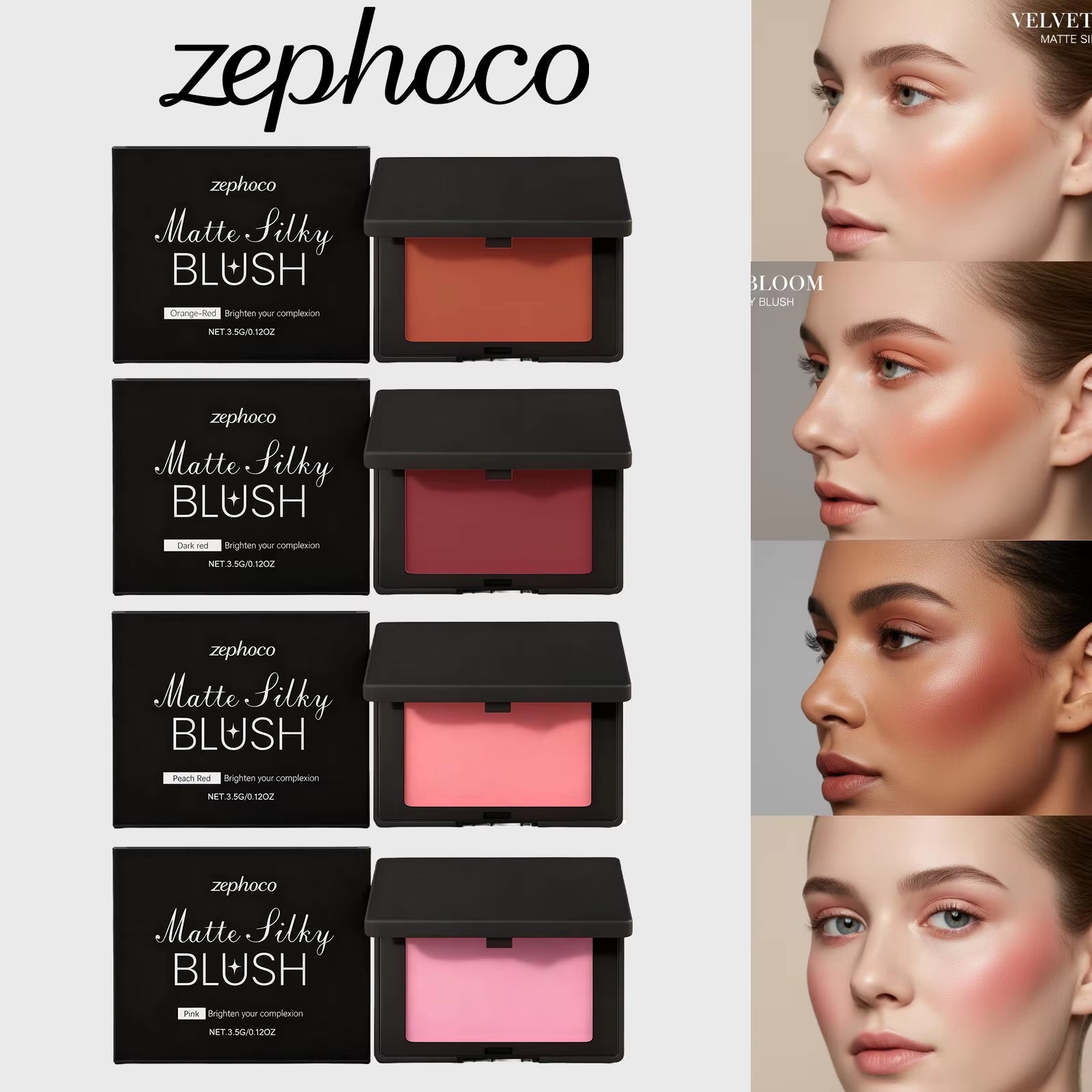zephoco Matte Blush Powder Long Lasting Waterproof Cheek Makeup Natural Flush Color Easy To Blend No Fly Away Daily Wear 4Colors