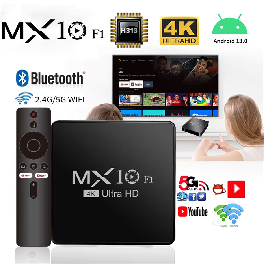 TV Box  F1 Android 13 Mali-G31 4K 2GB RAM 16GB eMMC flash Media Player Support Voice Remote Control