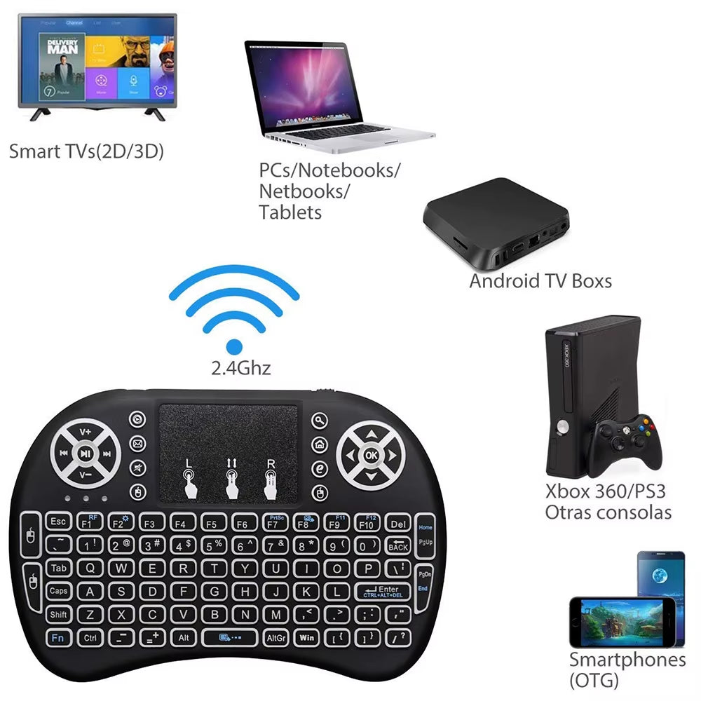 Portable i8 Keyboard 7 Color Backlit 2.4GHz Mini Wireless Air Mouse Russian English Built-in Lithium Battery Chargable Keyboard
