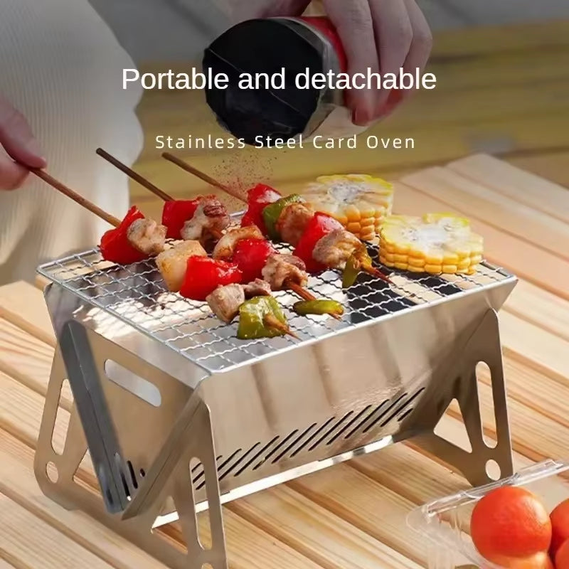 Mini Barbecue Grill Picnic Charcoal Camping Tools Outdoor Folding Card-type Stainless Steel Portable Small Charcoal Stove Burner