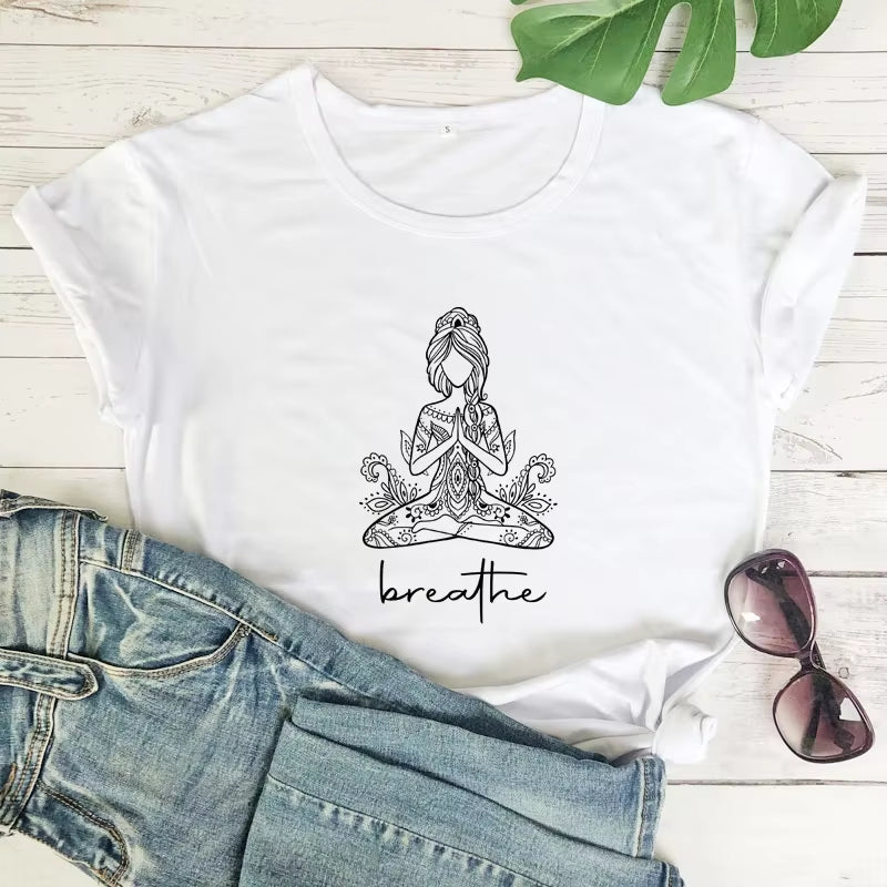 Breathe Meditation Girl T-shirt Boho Yoga Workout Tshirt Funny Women Graphic Namaste Top Tee Shirt