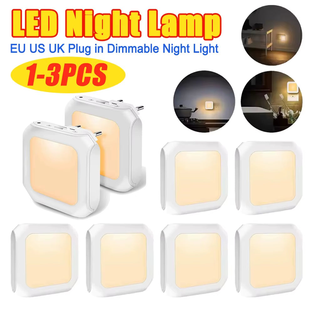 LED Night Lamp Dimmable Warm White Wireless Cabinet Light EU US UK Plug in Night Light for Kids Bedroom Auto Dusk to Dawn Sensor