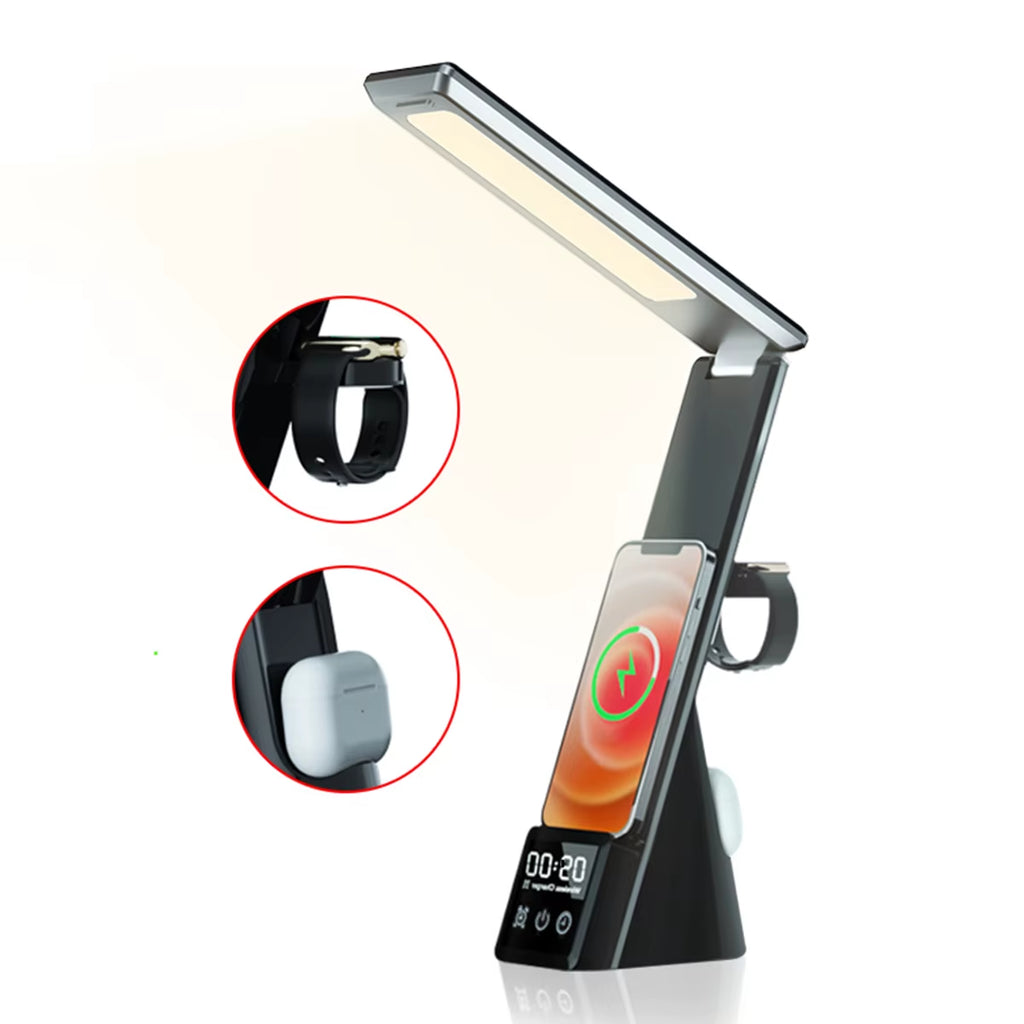 2024 New 3-in-1 15W Wireless Charger with LED Folding Table Lamp and Clock Touch, Suitable for iPhone 15, 14, 13, 12 Pro Max