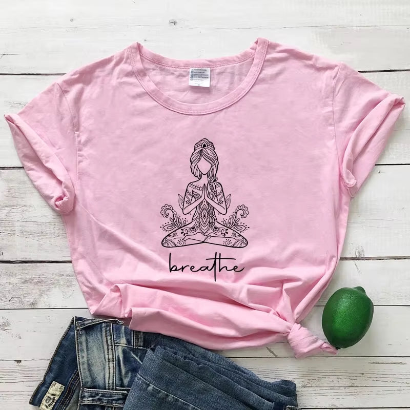 Breathe Meditation Girl T-shirt Boho Yoga Workout Tshirt Funny Women Graphic Namaste Top Tee Shirt