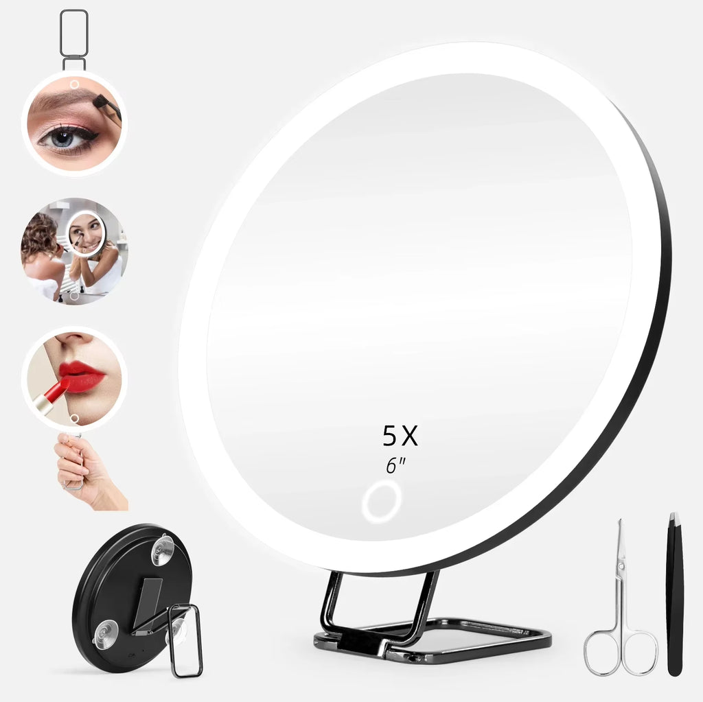 6 Inch Adjustable Stand Magnifying Mirror with Light High-Definition Suction Cup LED Makeup Mirror Foldable 5/10/20/30x