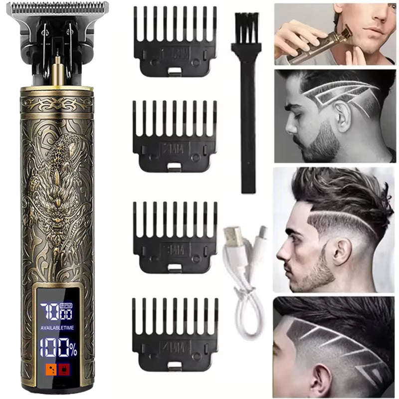 T9 Professional Retro Electric Cordless Hair Clipper Grade Rechargeable Hair Trimmer Kit with Dragon Engraved Retro Design