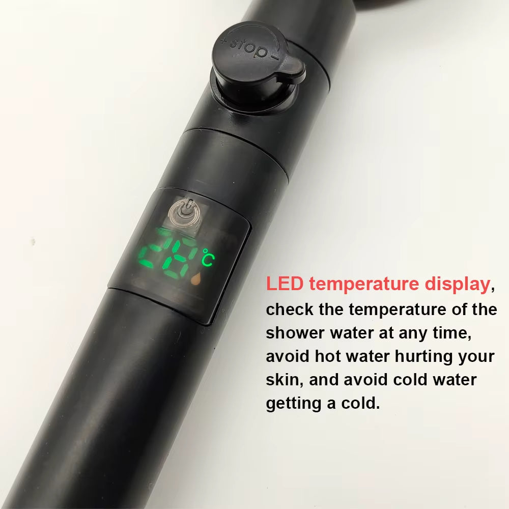 High Pressure Led Shower Head One Key Stop Button Digital Display Screen Black Handheld Shower Temperature Sensor Shower Head