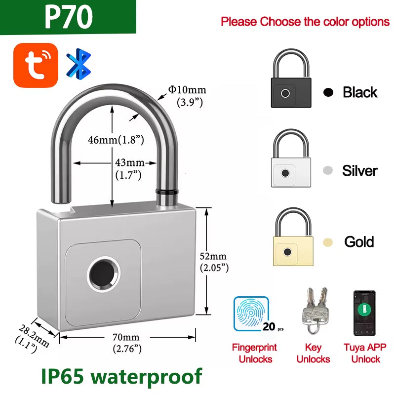 Tuya Smart Padlock Fingerprint Waterproof USB Charging Quick Identification Unlock Sensor High Quality P70/P55/PQ1