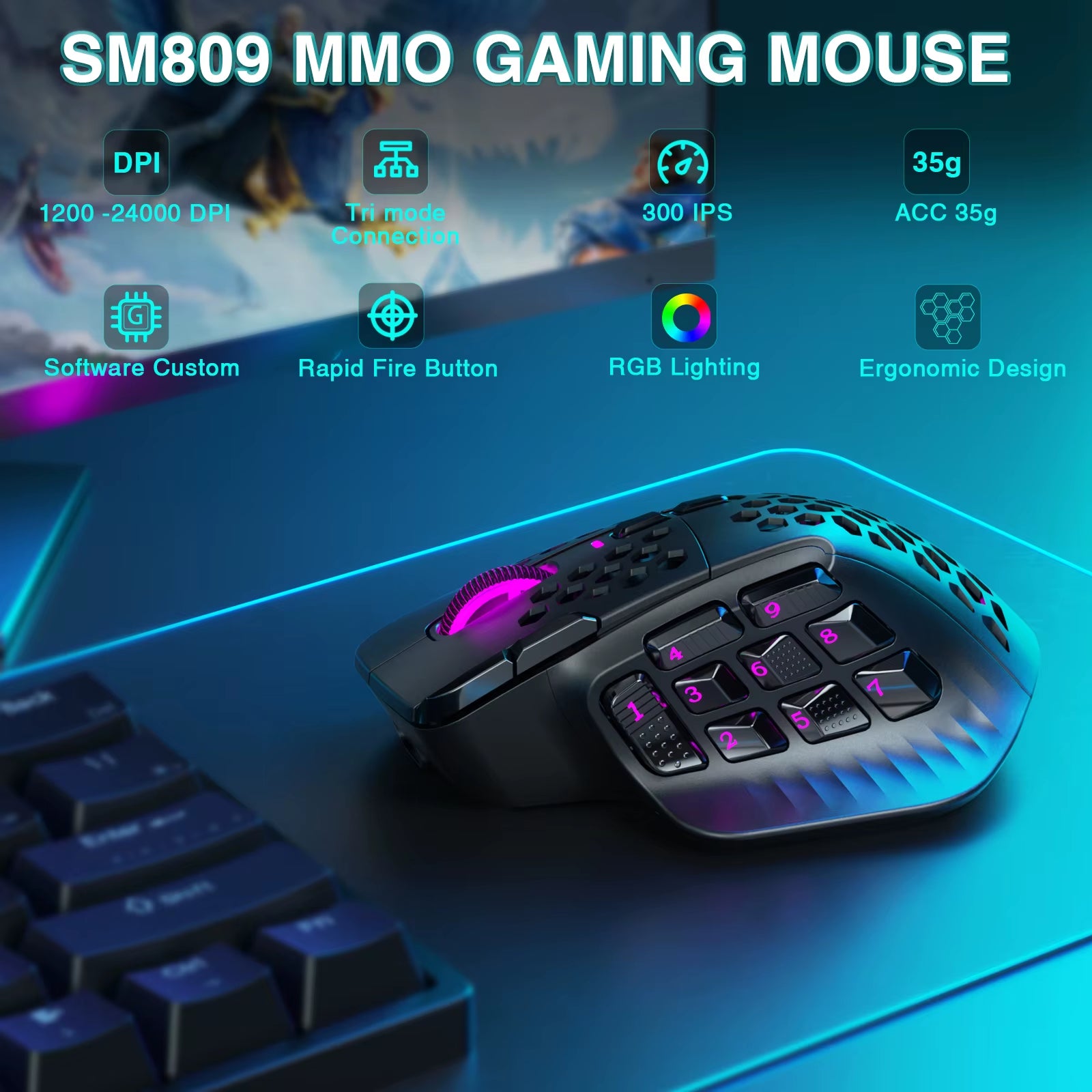 SM809 Pro Wireless MMO Gaming Mouse PAW3311 16 Side Buttons 24000 DPI RGB Honeycomb Programmable Macro Wireless mouse
