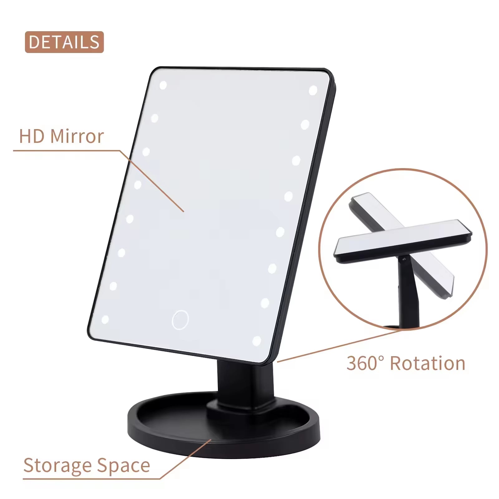 Lighted Makeup Mirror, Square Battery -use Beauty Mirror ,Touch Screen VanityMirror,Brightnes