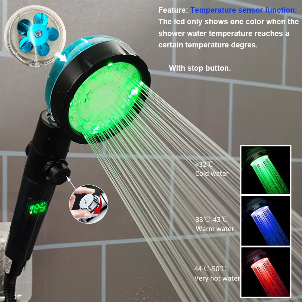 High Pressure Led Shower Head One Key Stop Button Digital Display Screen Black Handheld Shower Temperature Sensor Shower Head