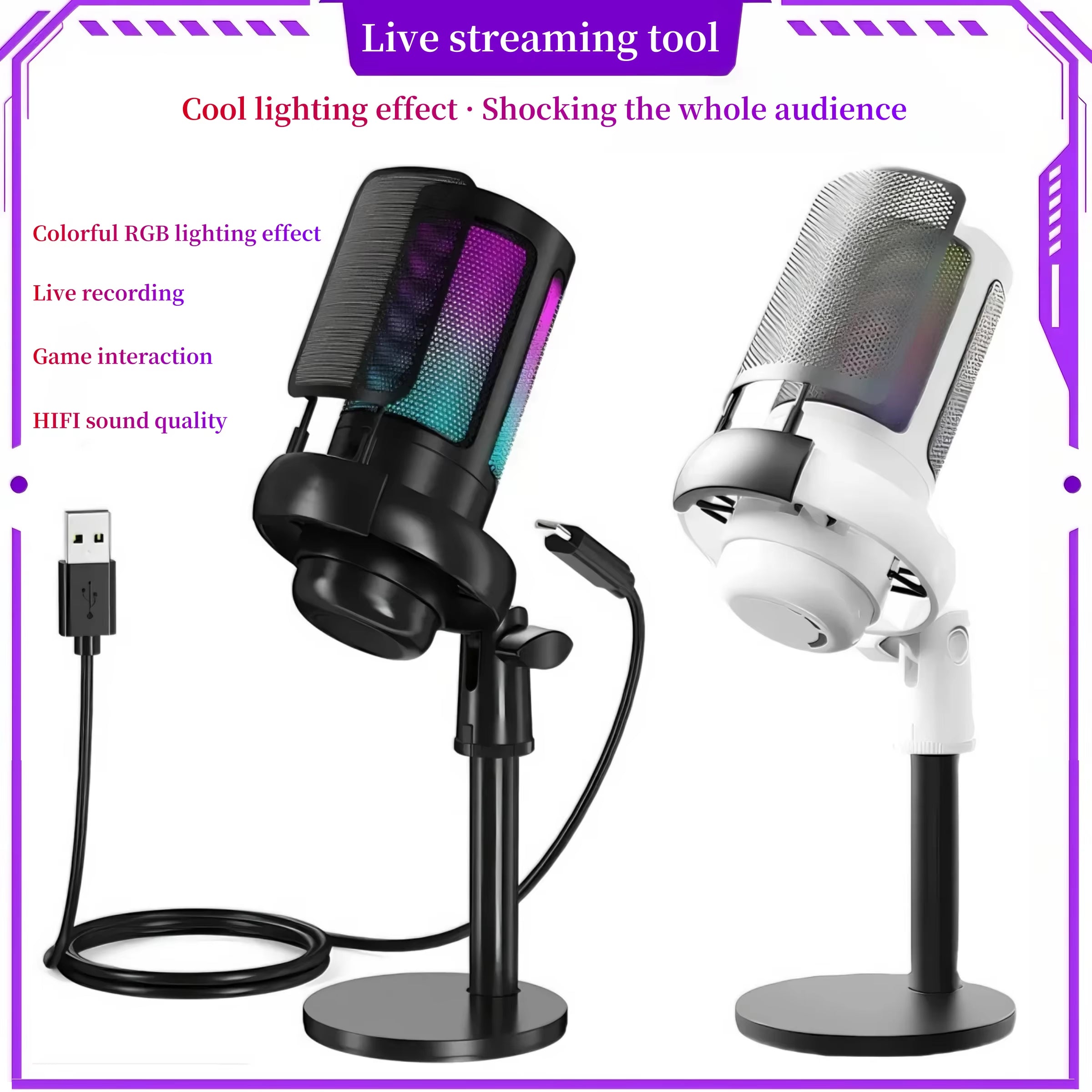 Professional USB microphone, computer condenser microphone, RGB microphone, suitable for game live video recording and recording