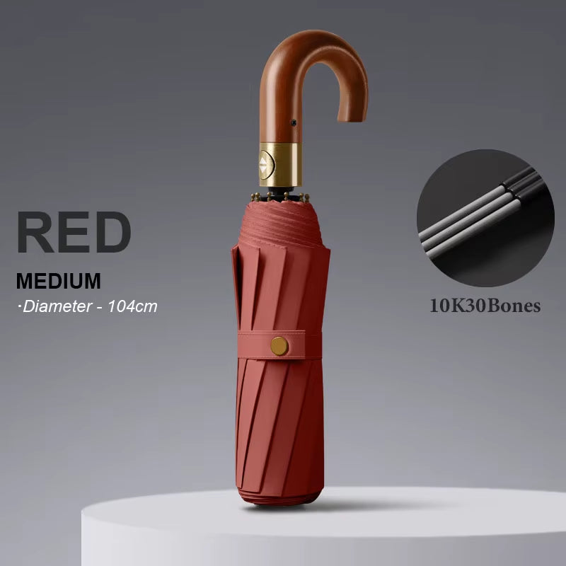 30 Bones Windproof Strong Reinforced Automatic Folding Umbrella for Men Curved Wooden Handle Luxury Umbrella Water Resistant