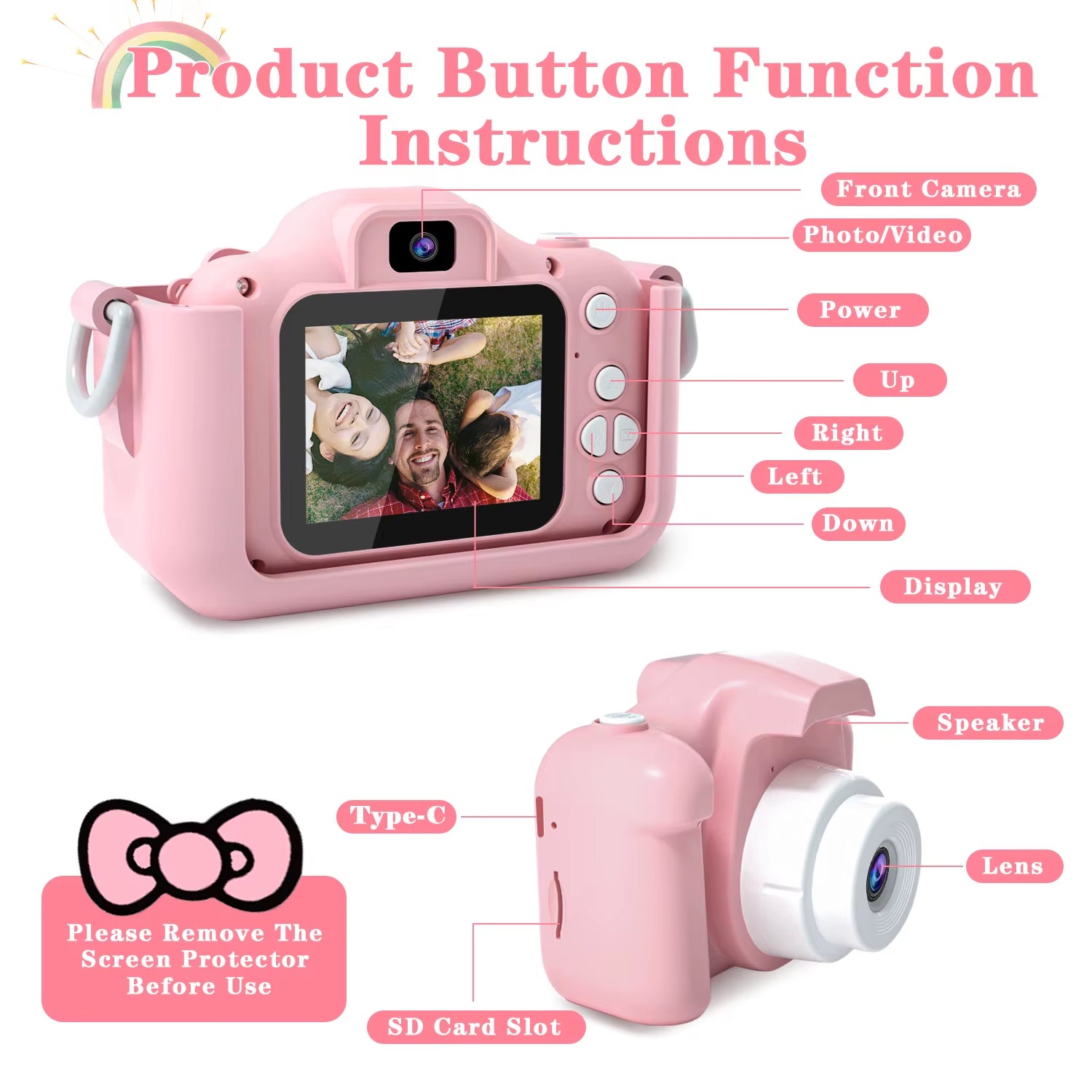 Kids Camera for Girls 1080P HD Toddlers Digital Video Record Camera for Birthday with 32GB SD Card 2 Inch IPS Screen Toy Cameras