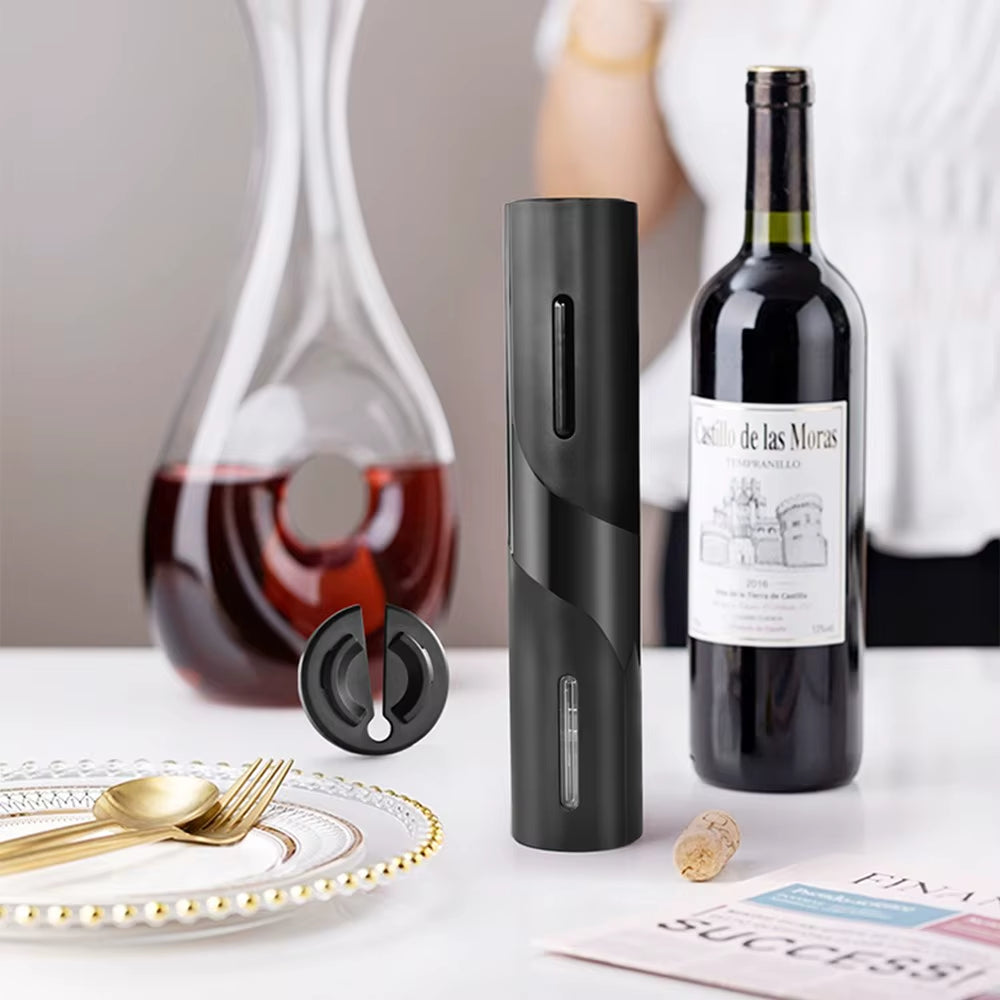 Powered One-click Button Black Battery Electric Wine Opener Gift Set Electronic Corkscrew with Foil Cutter