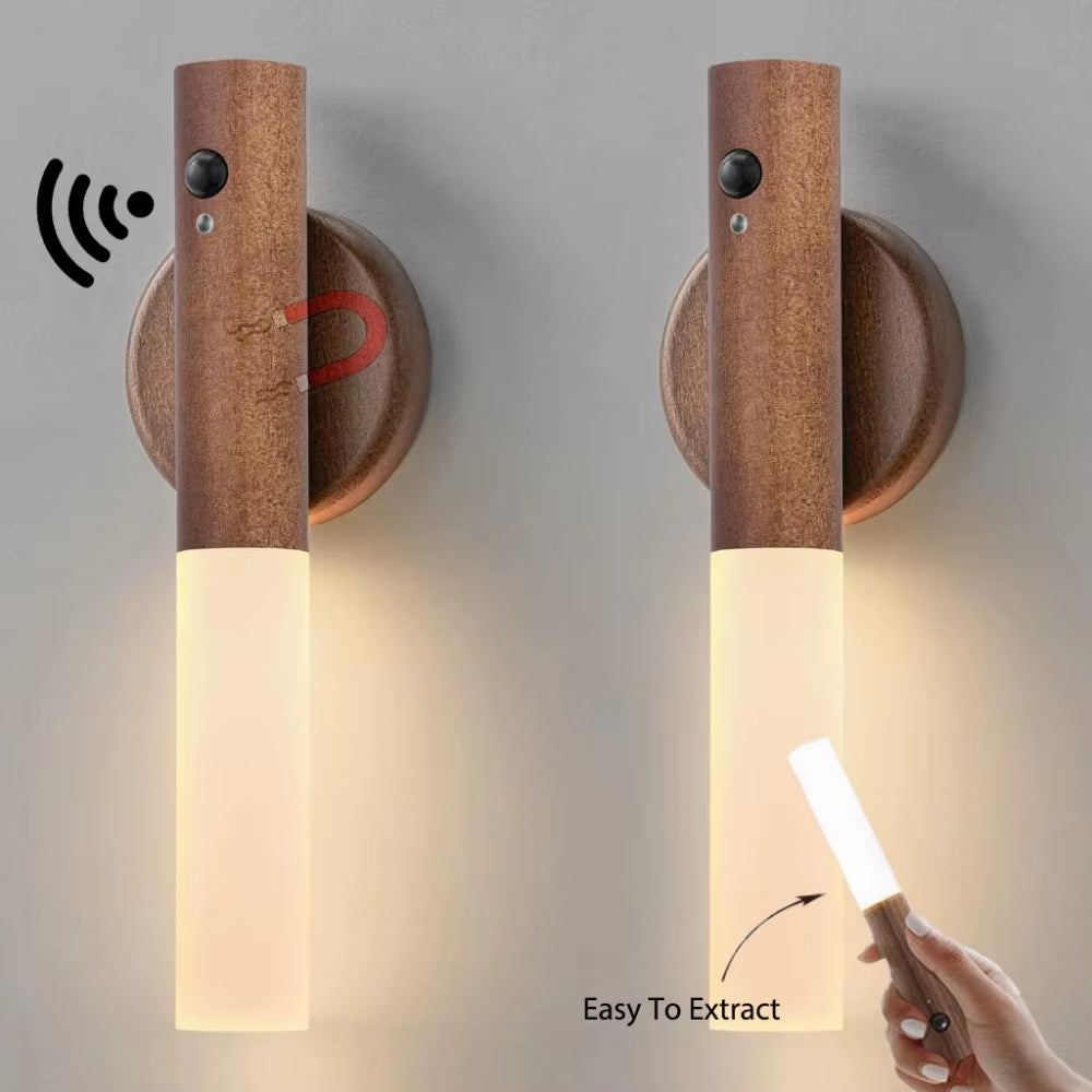 Auto LED Night Light Magnetic Wooden Multifunctional Smart Motion Sensor USB Rechargeable TYPE-C Wireless Closet Wardrobe Lamp