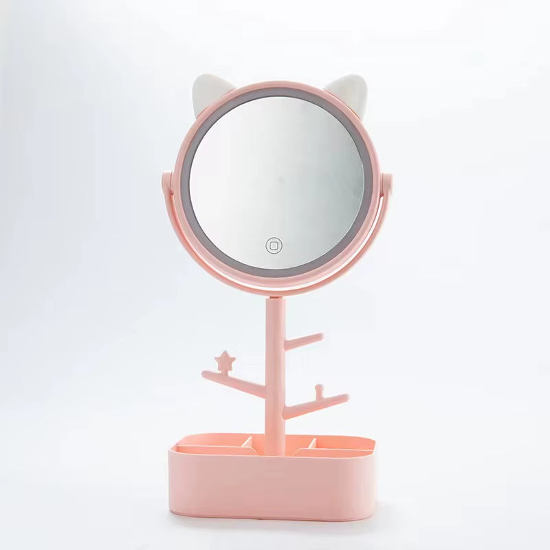 Ears LED Makeup Mirror With Light Lamp With Storage Desktop Rotating Cosmetic Mirror Light Adjustable Dimming USB Vanity Mirror