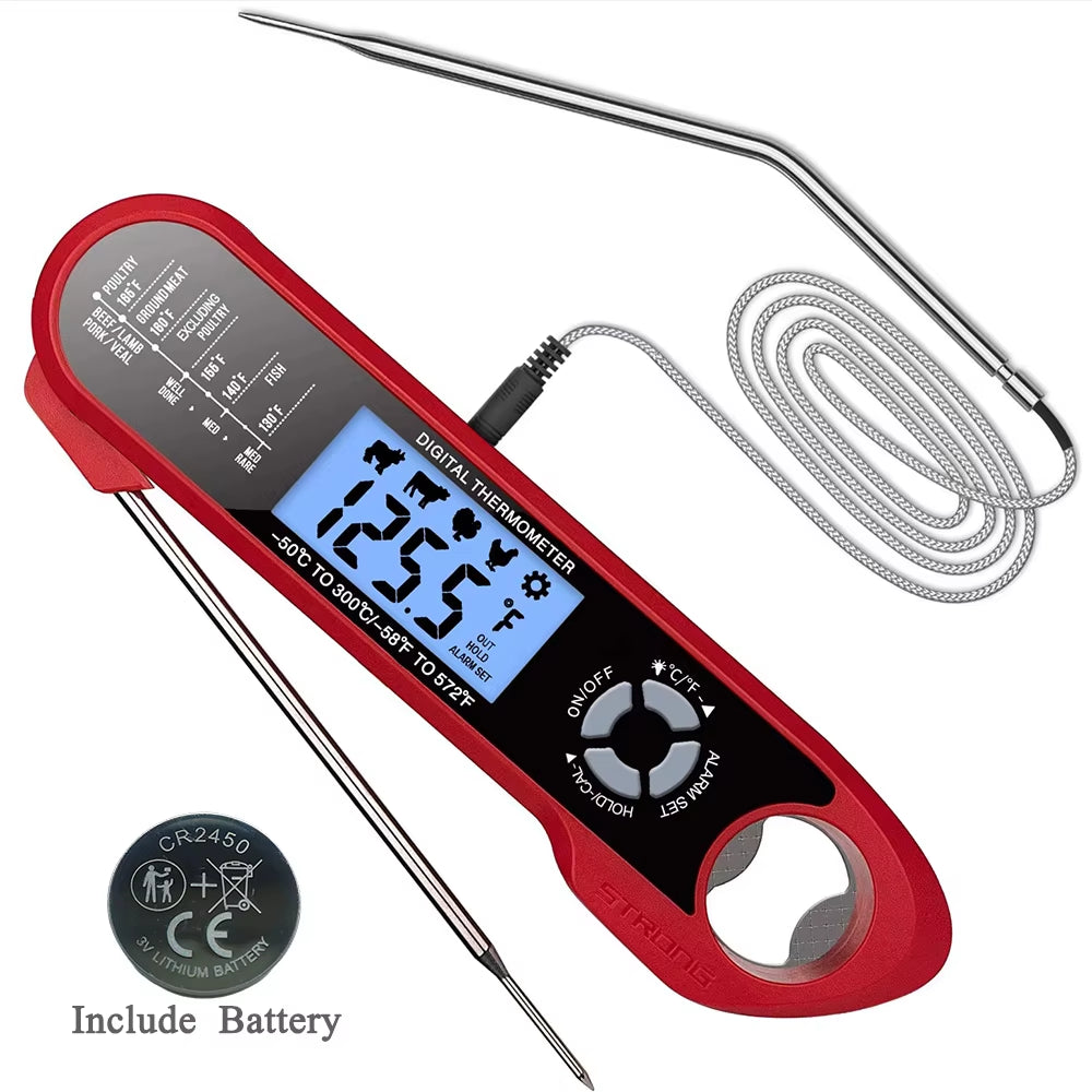 Digital Food Kitchen Thermometer Dual-Probe Waterproof  For Oven Meat Cooking Grilling With Rotating LCD Screen Alarm Function
