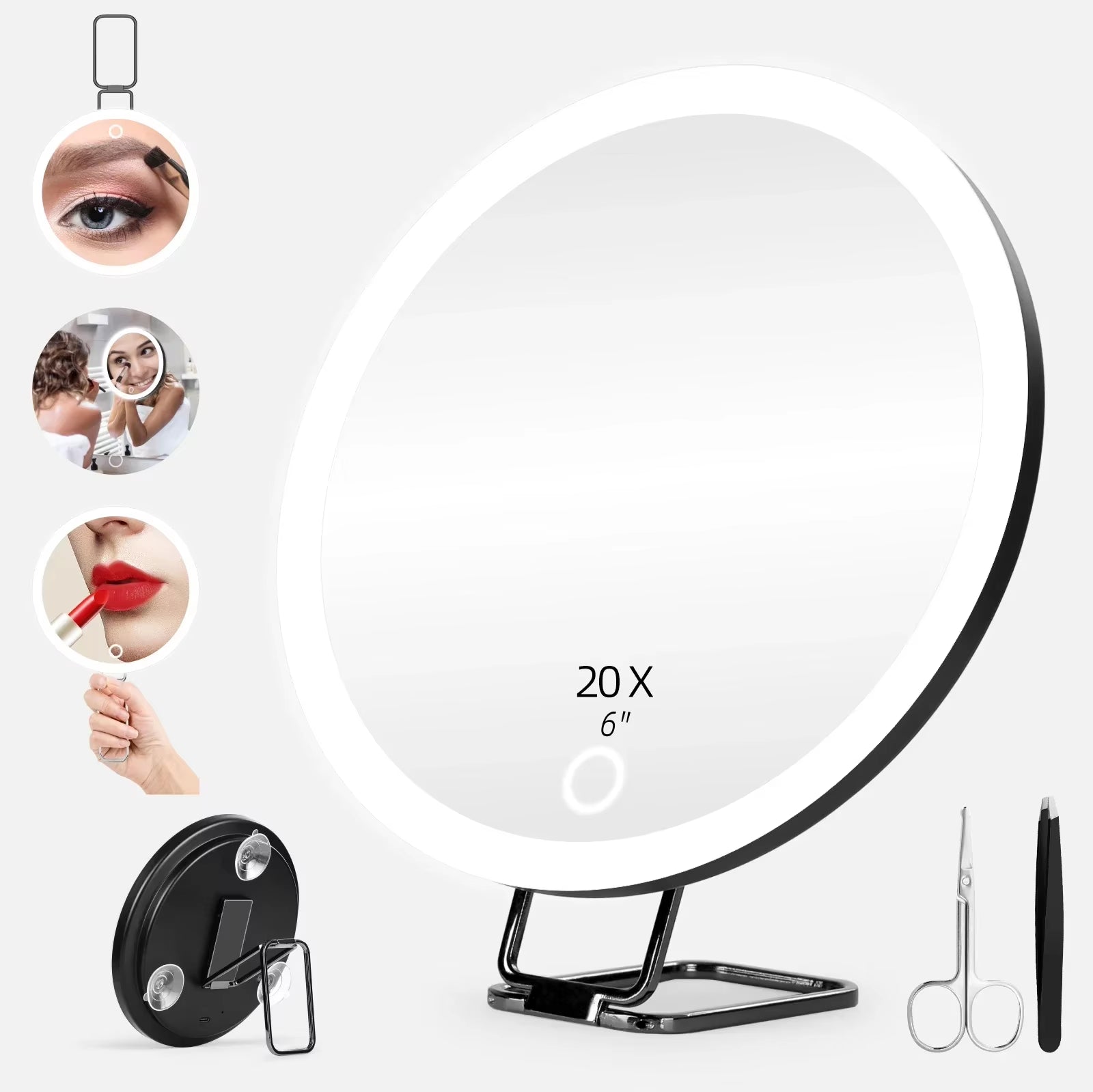 6 Inch Adjustable Stand Magnifying Mirror with Light High-Definition Suction Cup LED Makeup Mirror Foldable 5/10/20/30x