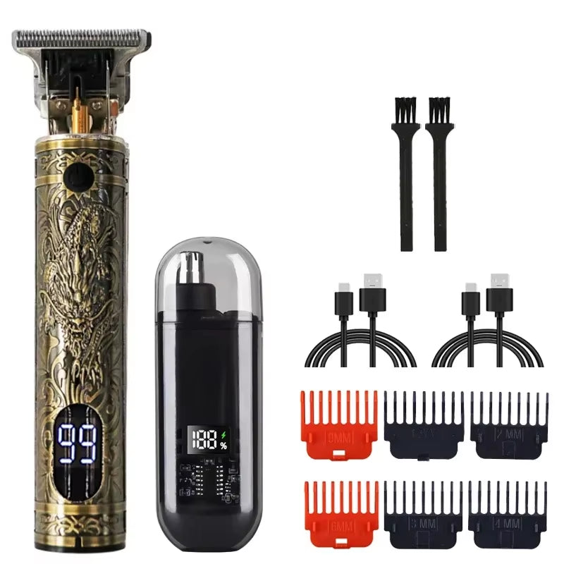 T9 Professional Retro Electric Cordless Hair Clipper Grade Rechargeable Hair Trimmer Kit with Dragon Engraved Retro Design