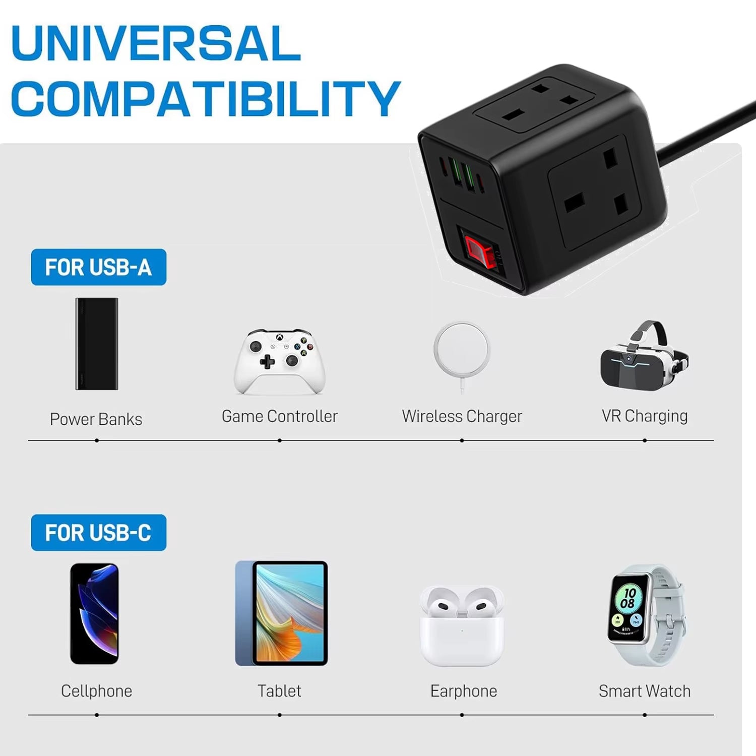 2500W UK Plug Power Strip Adapter Multitap AC Outlets USB Type-C  With Overload Protecti 2M Extension Cord Socket with Switch