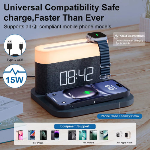 15W Qi Wireless Charging Alarm Clock - Digital LED Night Light for IPhone/Samsung/Huawei, Adjustable Brightness