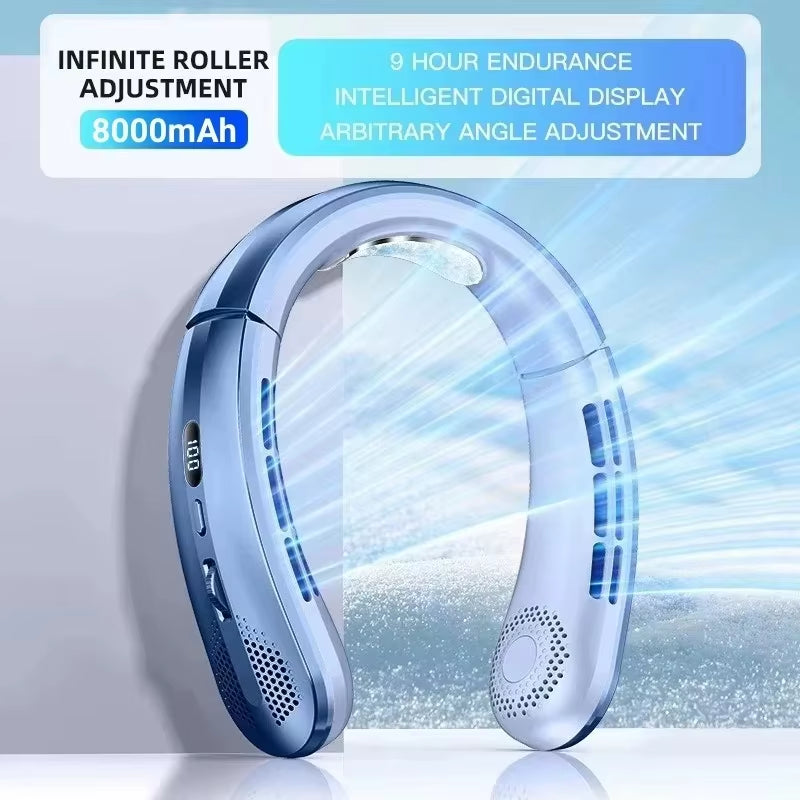 8000mAh Portable Hanging Neck Fan Bladeless Neckband Fan Digital Display Power Air Cooler USB Rechargeable Electric Fan