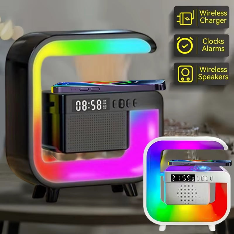 RGB Light All in One Wireless Charger Station Bluetooth Speaker TF FM With Alarm Clock For iPhone Samsung Xiaomi Fast Charging