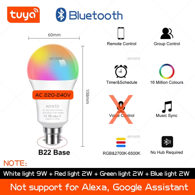 B22 Base UK TUYA Wifi Smart Bulb Bluetooth lamps Led RGB Smart Light 220V Alexa Google Assisatnt Voice Control Timing APP Group