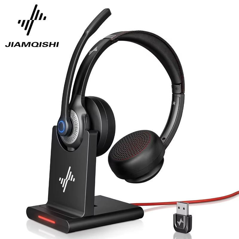JIAMQISHI EH02P Wireless Headset with AI Noise Cancelling Microphone Headphones Bluetooth V5.2 with USB Dongle,Charging Base