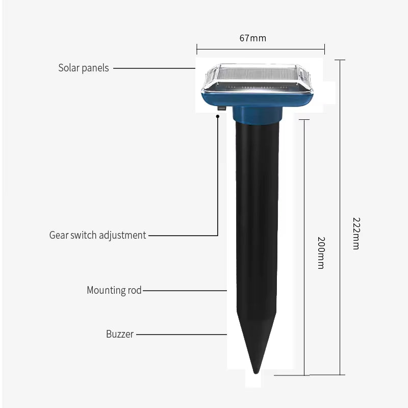 Ground animal repellent, solar-powered, vibrating and beeping repellent, suitable for garden and orchard