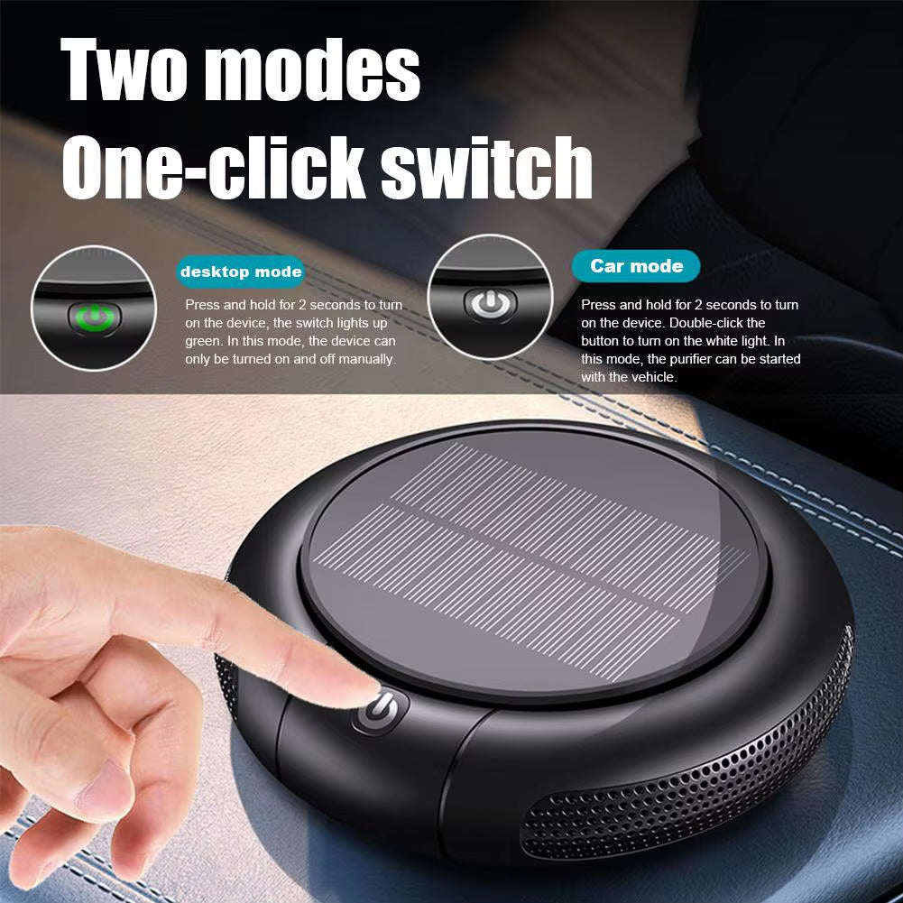 Car Air Purifier Solar/USB Powered, HEPA Filter & Negative Ion, Remove PM2.5/Smoke/Dust, 1200mAh Portable Auto Air Cleaner