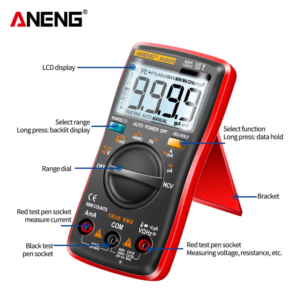 Digital Multimeter Transistor  AN8009 Testers Capacitor True-RMS Tester Automotive Electrical Capacitance Meter Temp Diode