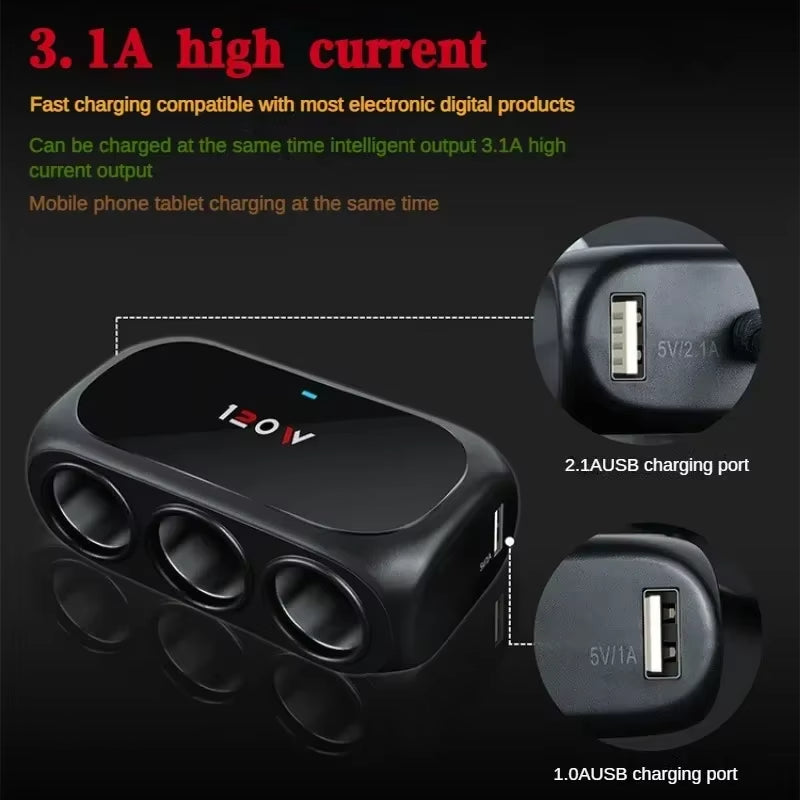 3 Socket Car Cigarette Lighter Splitter Dual USB LED Car Fast Charger 120W 12V 24V Car Charger Adapter for IPhone GPS Dashcam