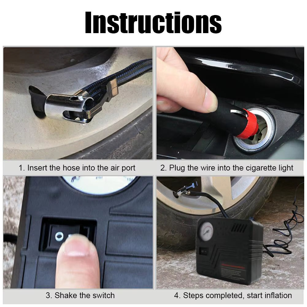 Car Emergency Air Pump Auto Tire Inflator DC 12V with Pressure Gauge Cigarette Lighter Plug Compact Portable for SUV Truck